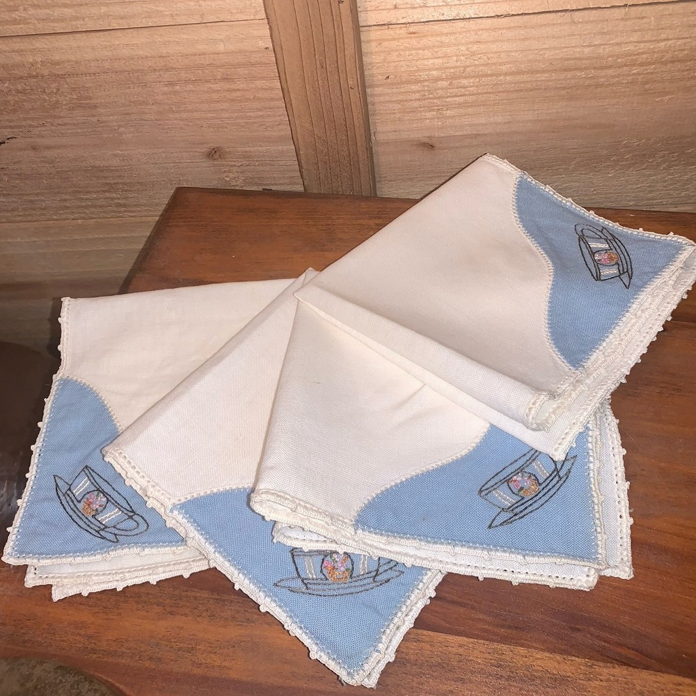 Vintage Hand Stitch Embroidered Cloth Napkins Coffee Tea Cups  11"x11"  Set Of 4